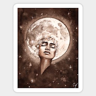 Moon - Watercolor painting of a black girl with a moon afro Sticker